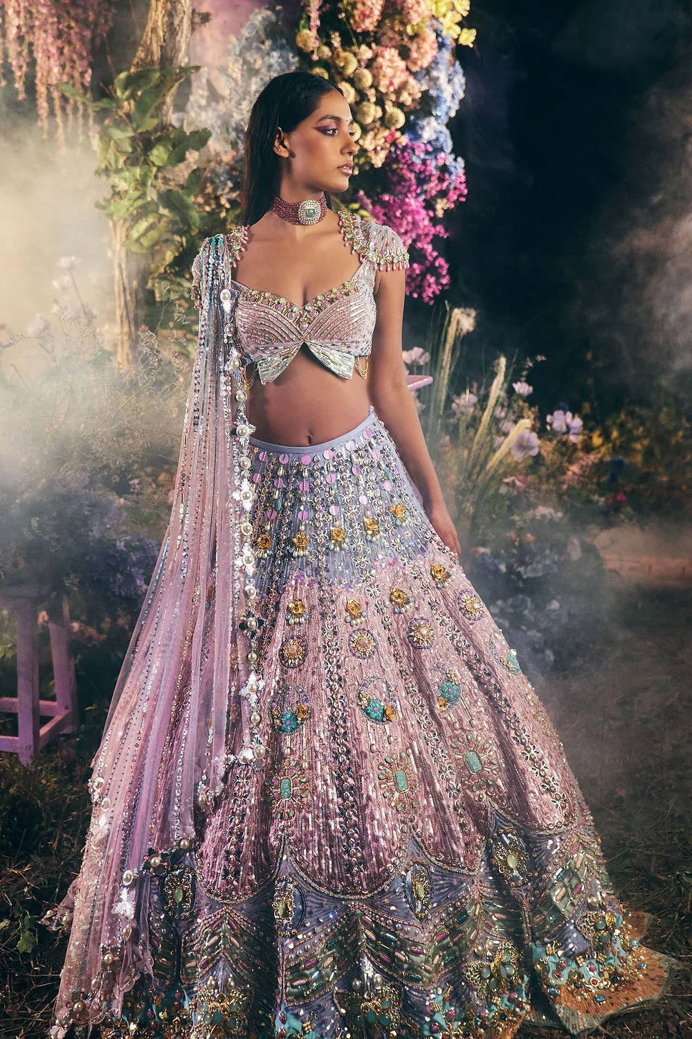 Titania - Lilac & Blue Applique Butterfly Lehenga Set