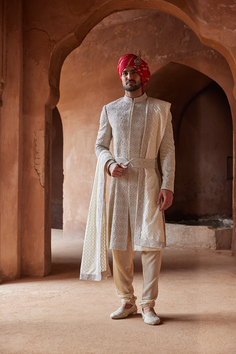 RAW SILK EMBROIDERED SHERWANI WITH MONGA TUSSAR KURTA AND CHURIDAR