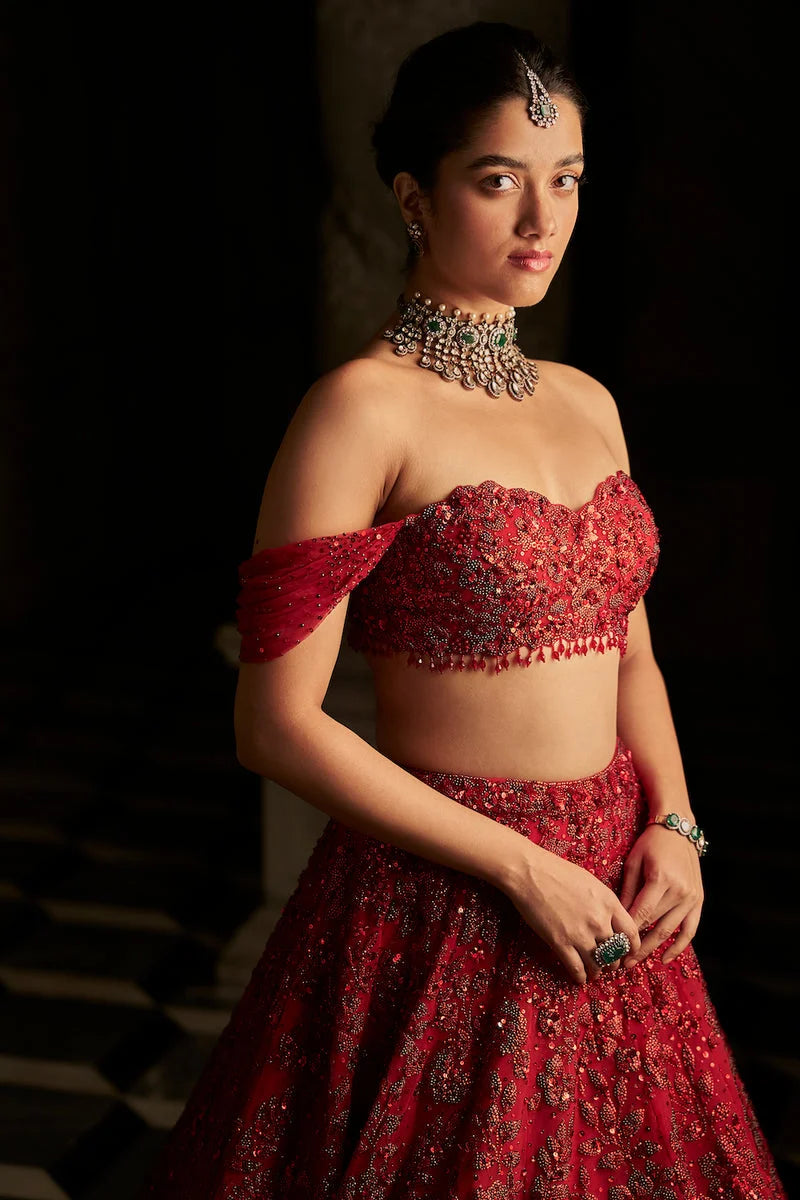 Red Off-Shoulder Lehenga Set