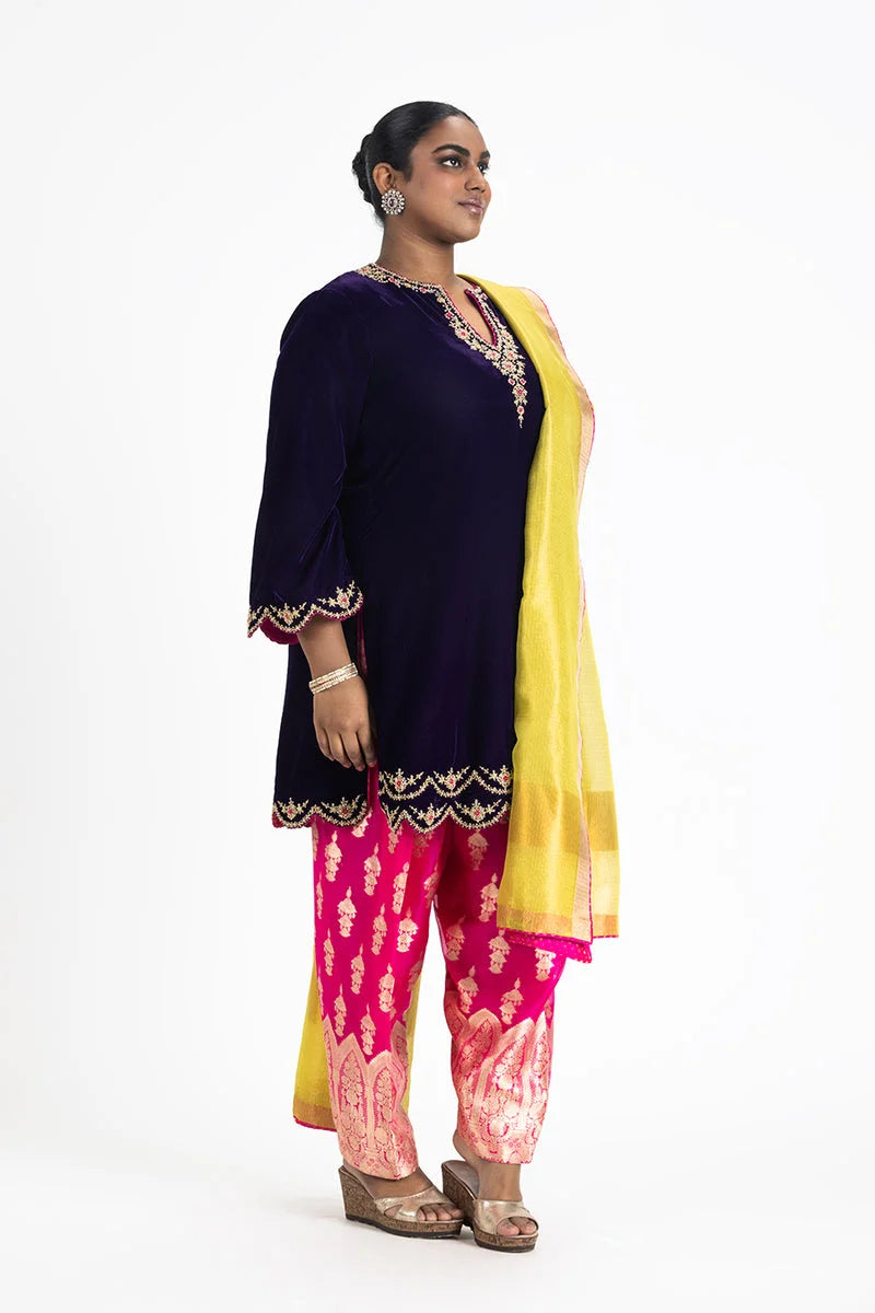 PURPLE VELVET KURTA FUSCHIA BROCADE SALWAR LIME DUPATTA SET