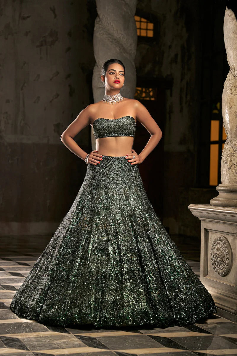 Emerald Green Sequin Lehenga Set