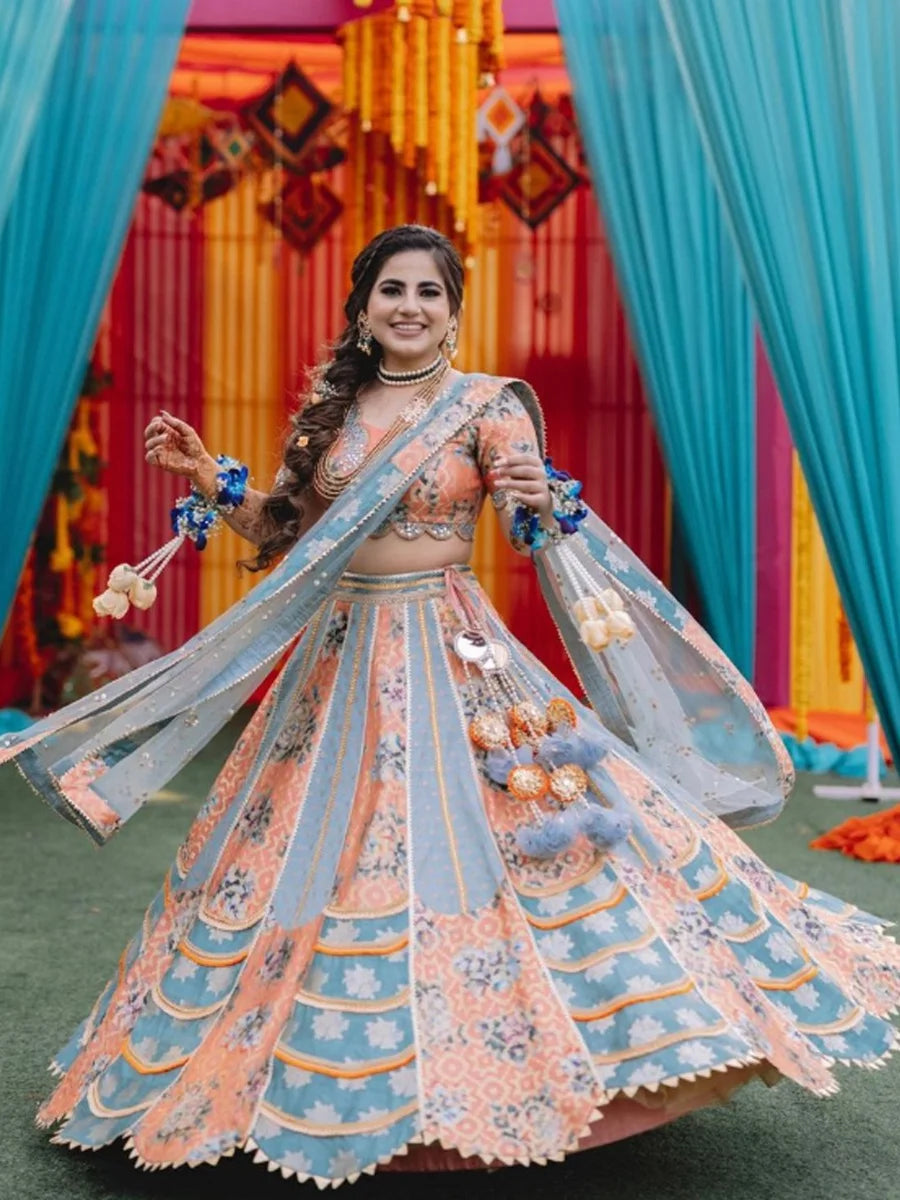 Orange - Dull blue tusaar silk digital print banarsi lehenga