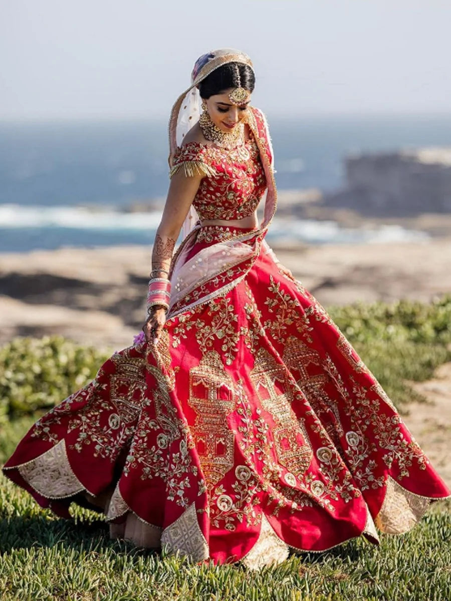 Coral Red Raw silk lehenga