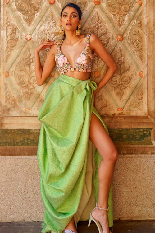 enchanted forest- Plain green draped skirt set