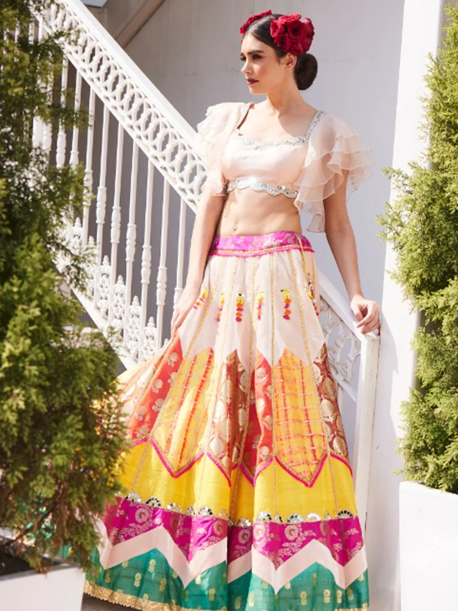 Blush Pink Velvet- brocade banarsi mosaic lehenga