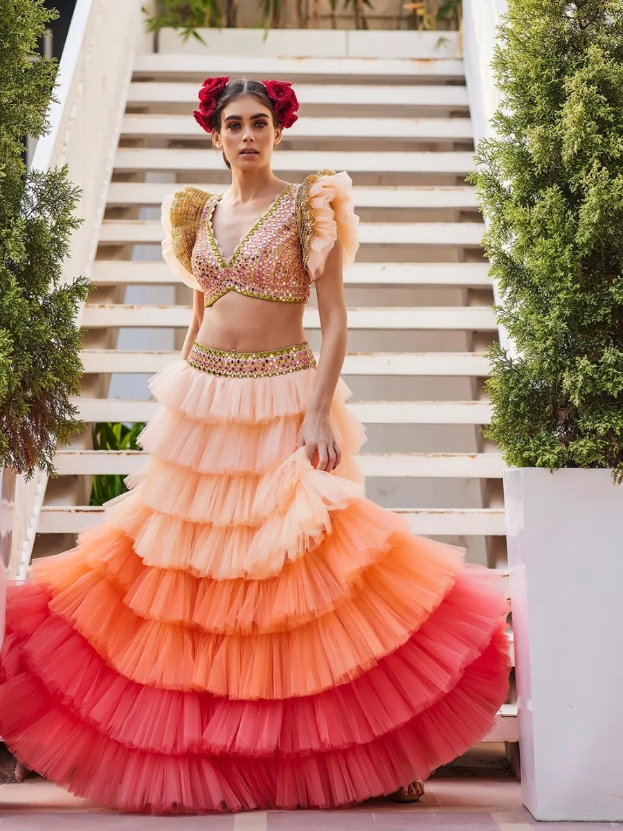 Peach-Pink Tulle layered lehenga