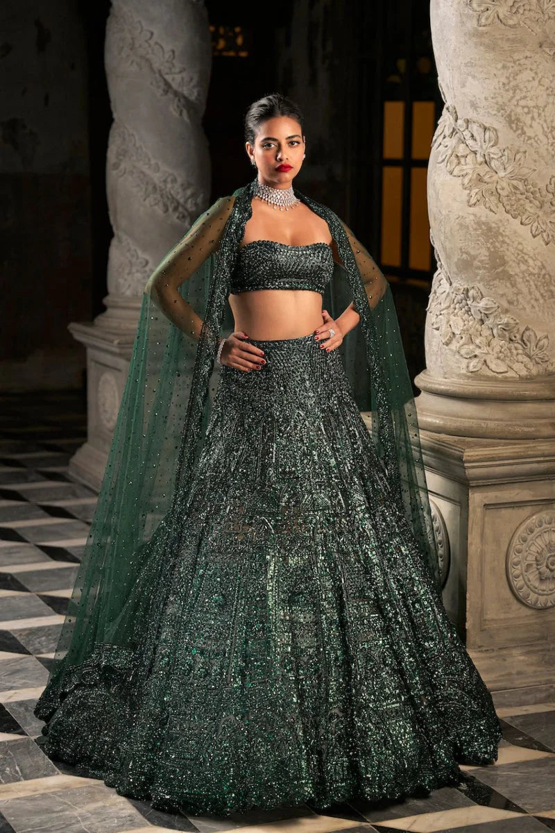 Emerald Green Sequin Lehenga Set