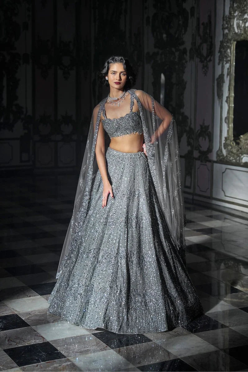 Dark Grey Sequin Lehenga Set