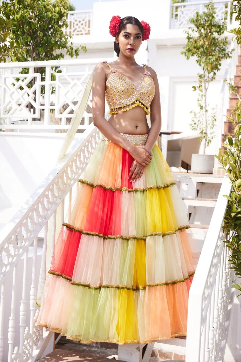 Multi colour frill lehenga , yellow blouse