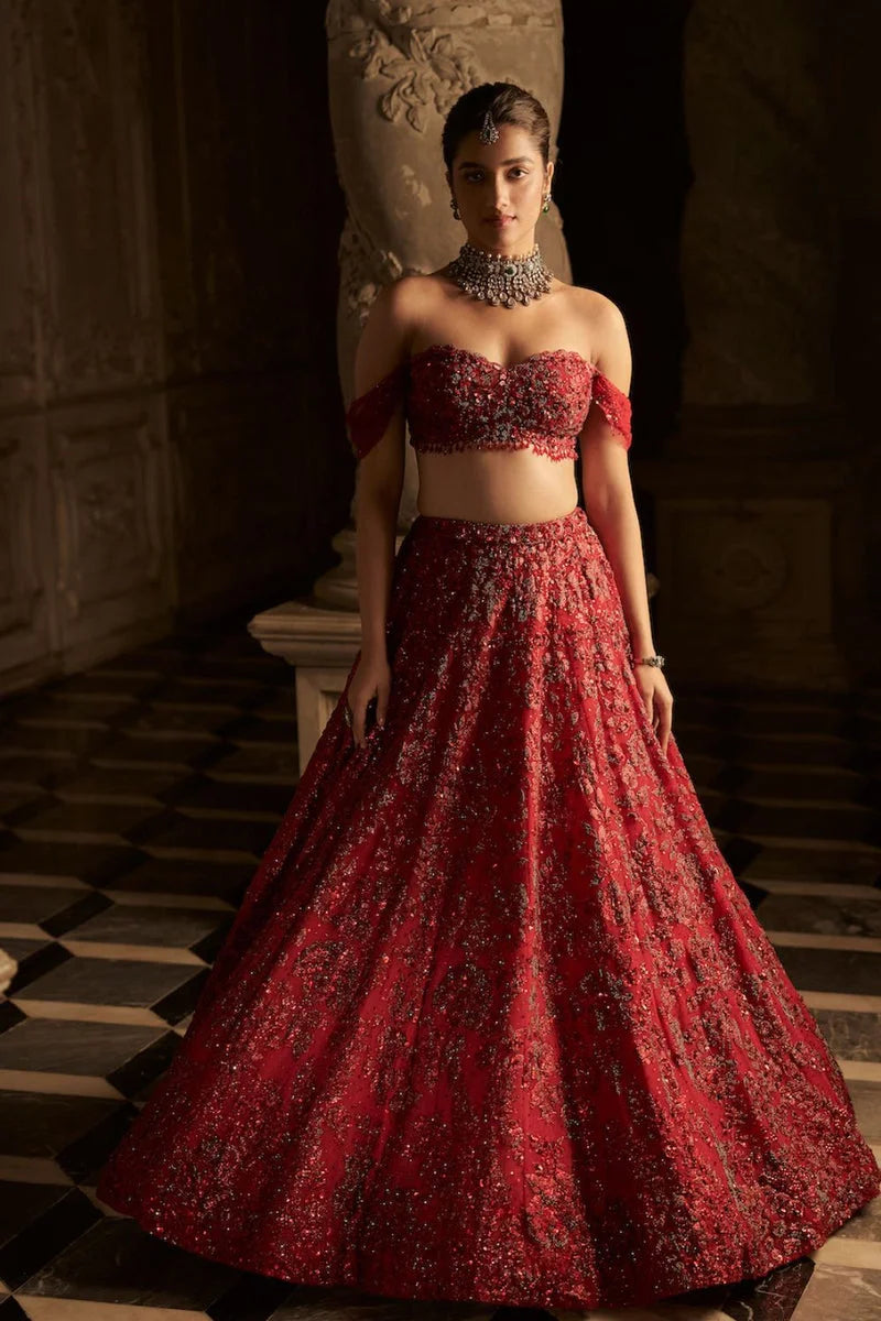 Red Off-Shoulder Lehenga Set