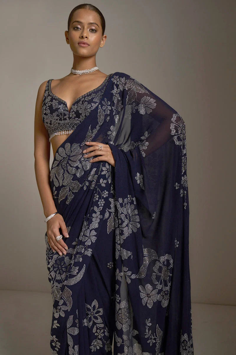 Navy Blue Crystal Saree