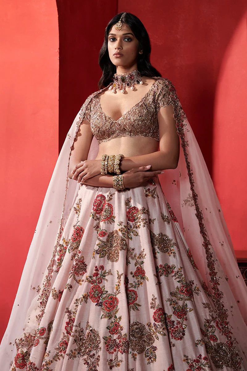 “ Leia “ Seashell Pink big Floral Jaal Bridal Lehenga Set