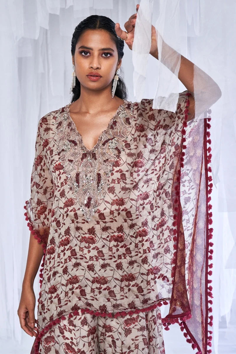 Leela Printed Chiffon Short Kaftan With Sharara