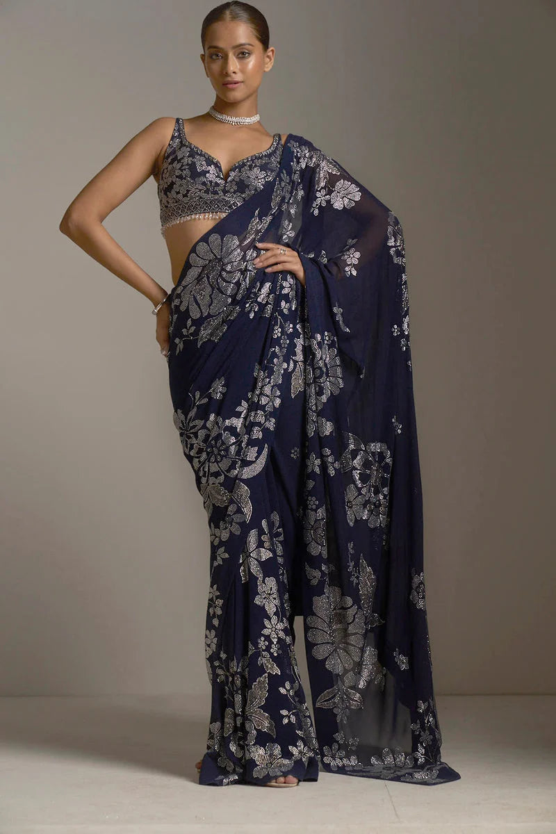 Navy Blue Crystal Saree