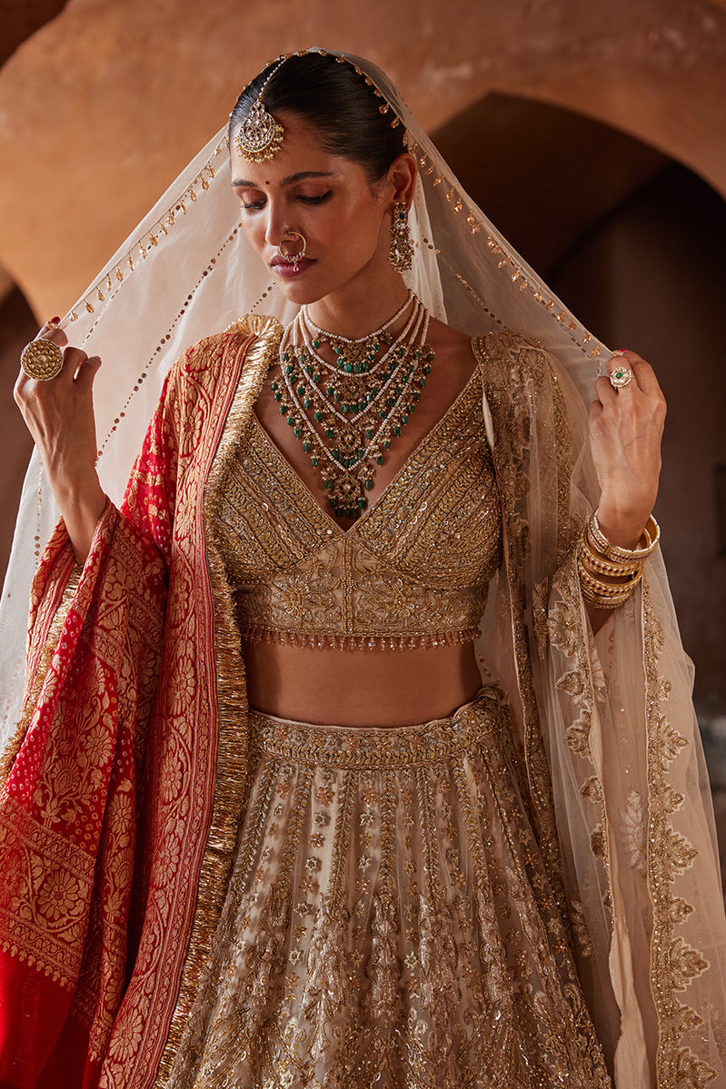 CHAMPAGNE GOLD NET EMBROIDERED LEHENGA CHOLI SET