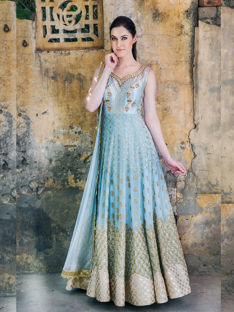 Dull Powder Blue Georgette Long Kalidar