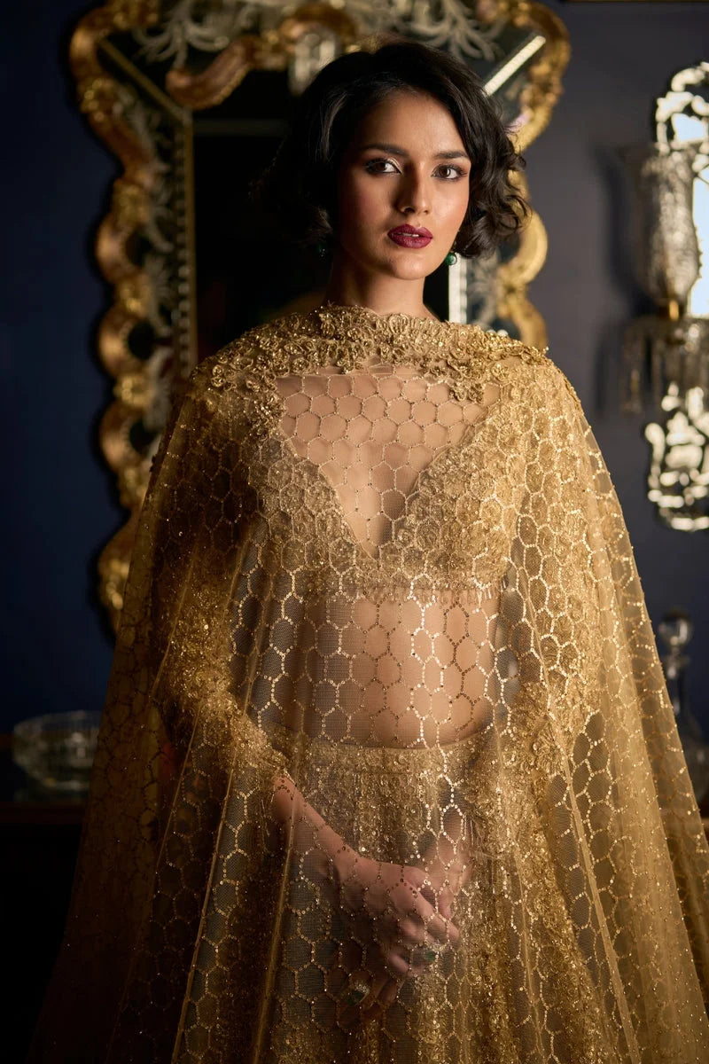 Gold Three-Dimensional Lehenga Set