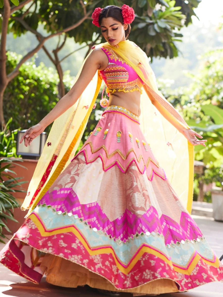 Pink Raw silk - banarsi Mosaic lehenga