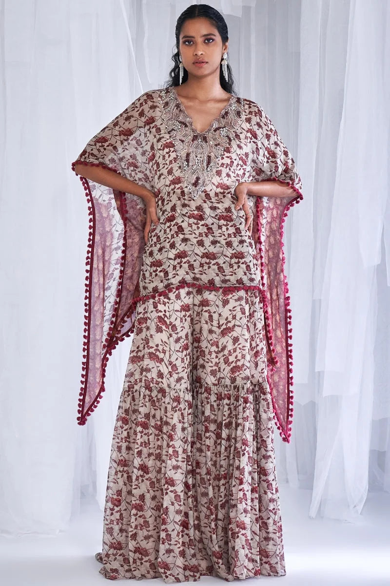 Leela Printed Chiffon Short Kaftan With Sharara