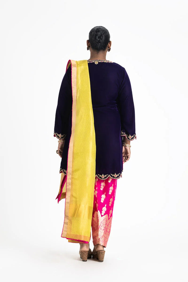 PURPLE VELVET KURTA FUSCHIA BROCADE SALWAR LIME DUPATTA SET