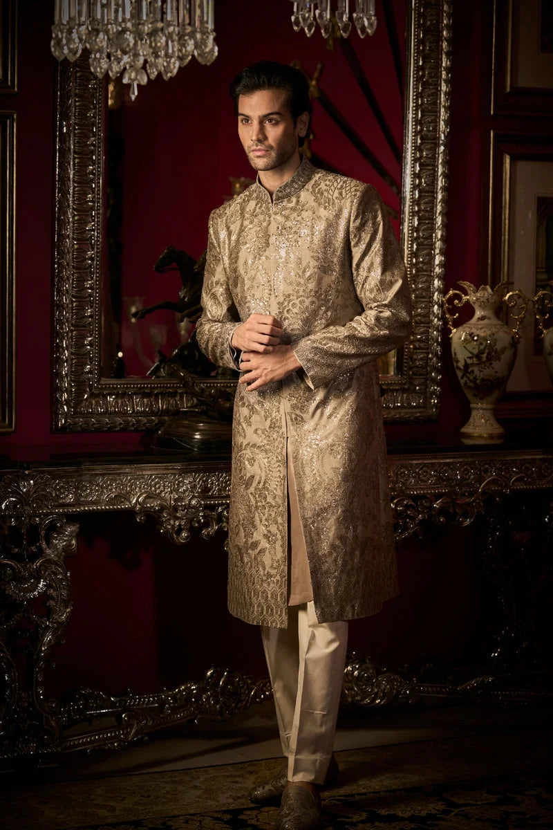 Ash Grey Sequin Sherwani Set