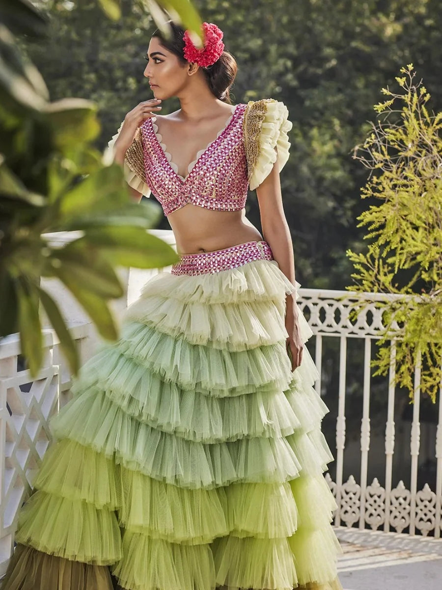 Mint green tulle layered lehenga