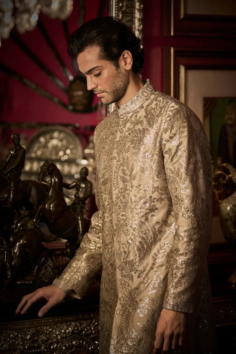 Ash Grey Sequin Sherwani Set