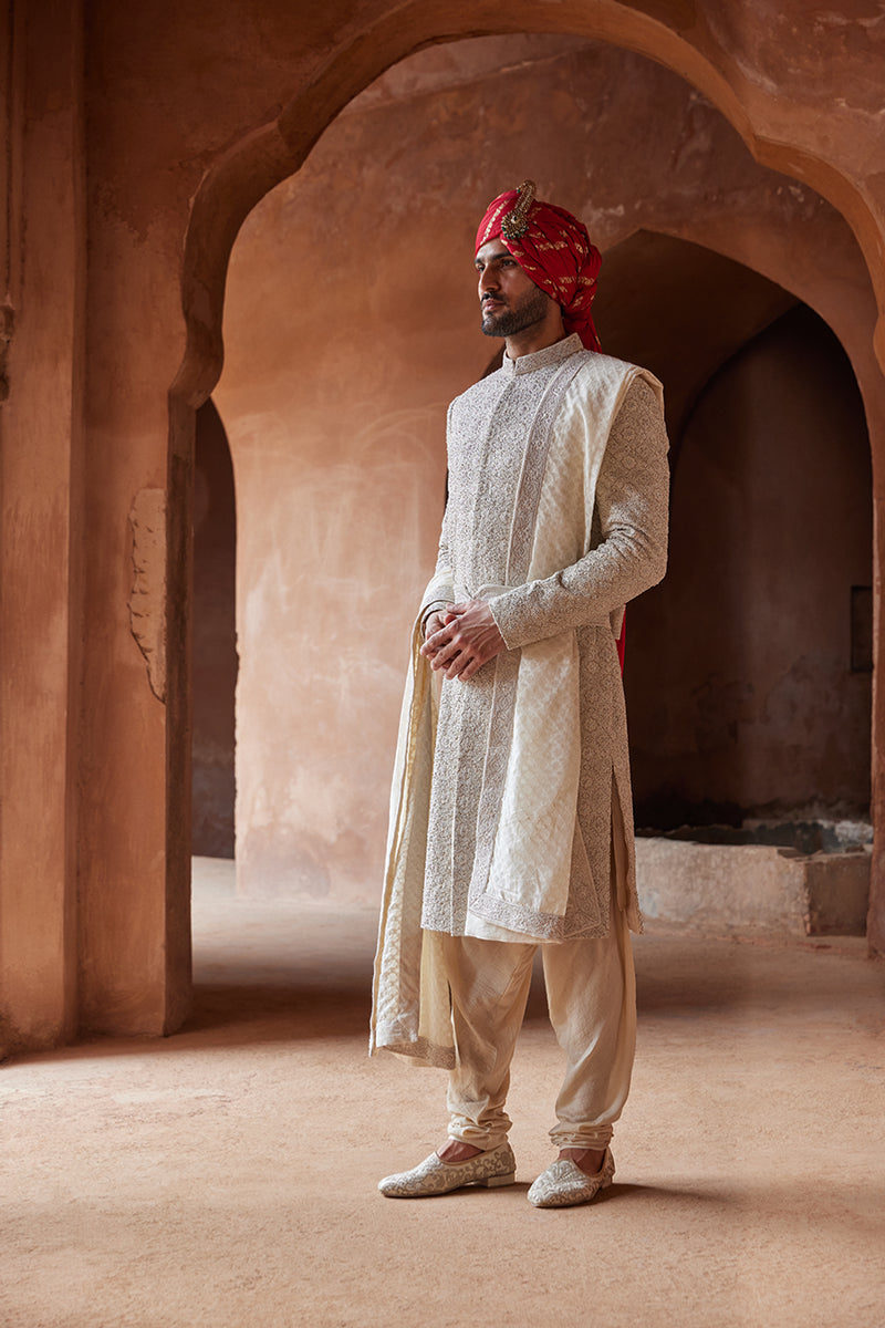 RAW SILK EMBROIDERED SHERWANI WITH MONGA TUSSAR KURTA AND CHURIDAR