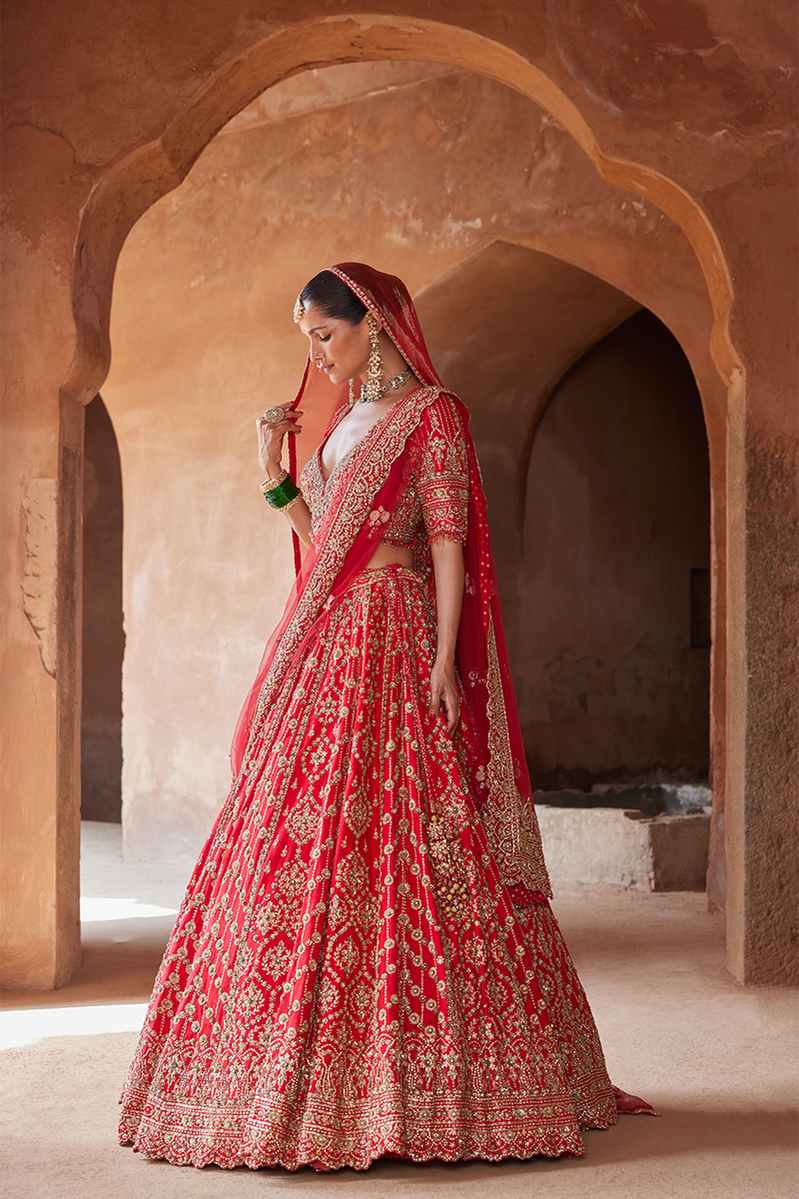 VIBRANT RED RAW SILK LEHENGA CHOLI SET