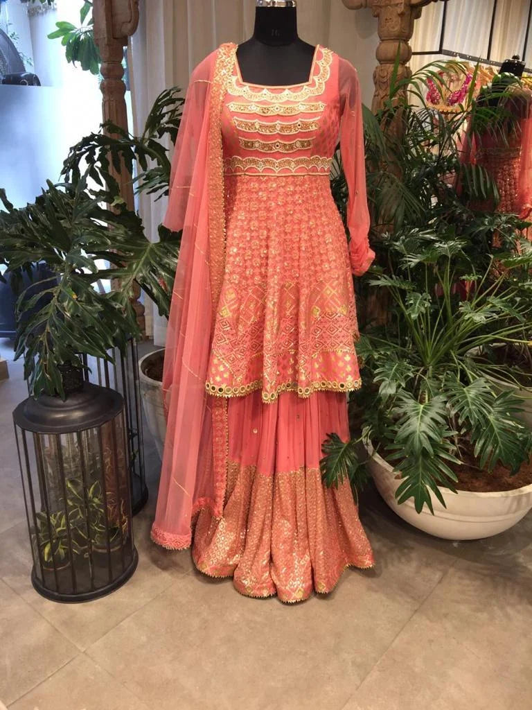 Coral Pink Georgette Banarsi Garara