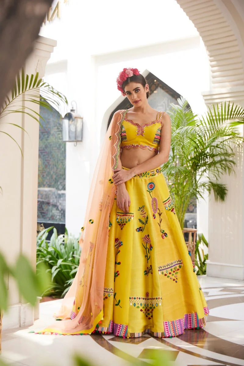 Yellow Raw silk lehenga -blouse with multi reshan