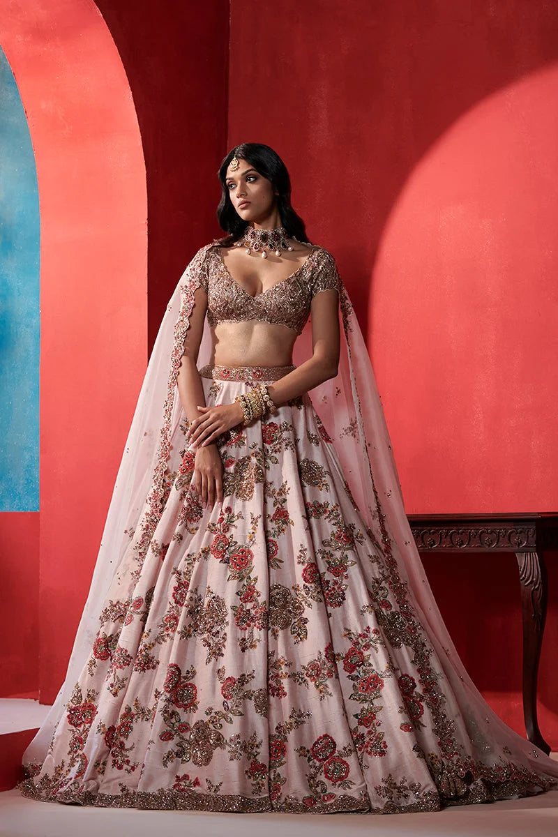 “ Leia “ Seashell Pink big Floral Jaal Bridal Lehenga Set