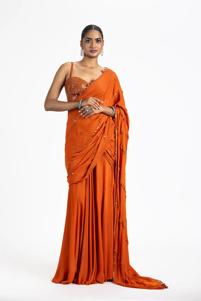 RUST GEORGETTE DRAPED SAREE