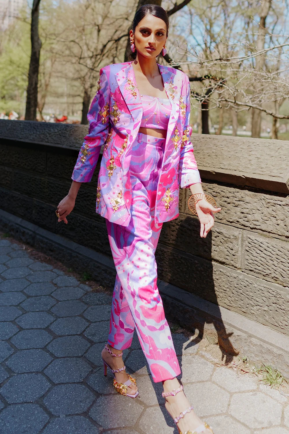 LIVING CORAL- Lilac and Hot pink sequin printed pant suit set