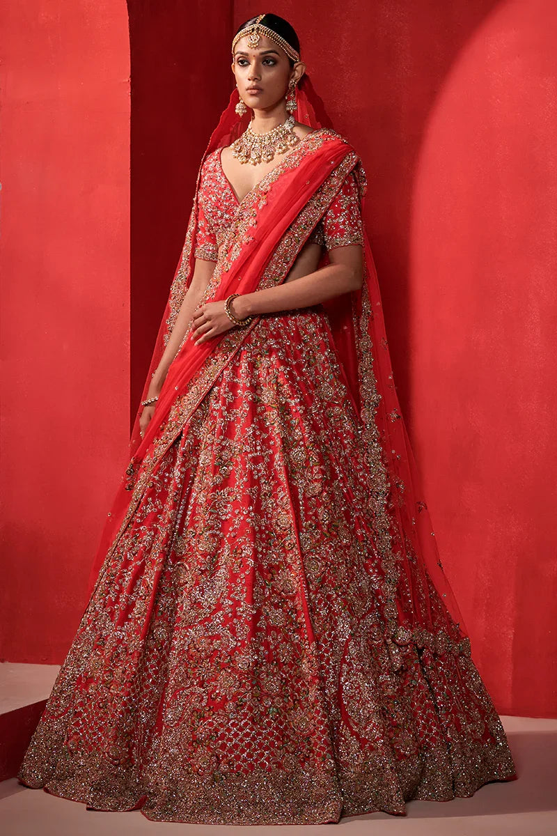 "Raya“ Crimson Red Floral Tendril Bridal Lehenga