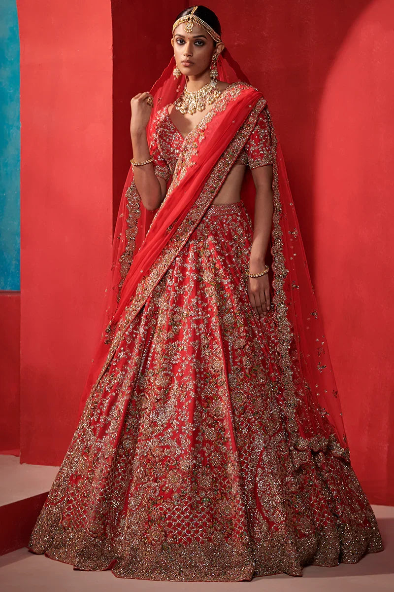 "Raya“ Crimson Red Floral Tendril Bridal Lehenga