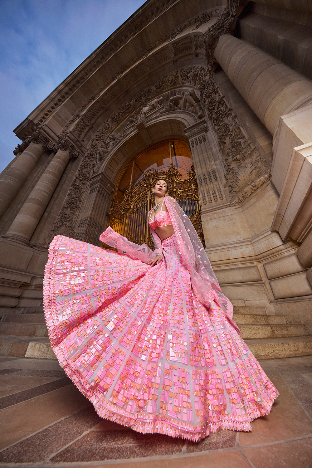 Neon Peach Pink Sequin Lehenga Set