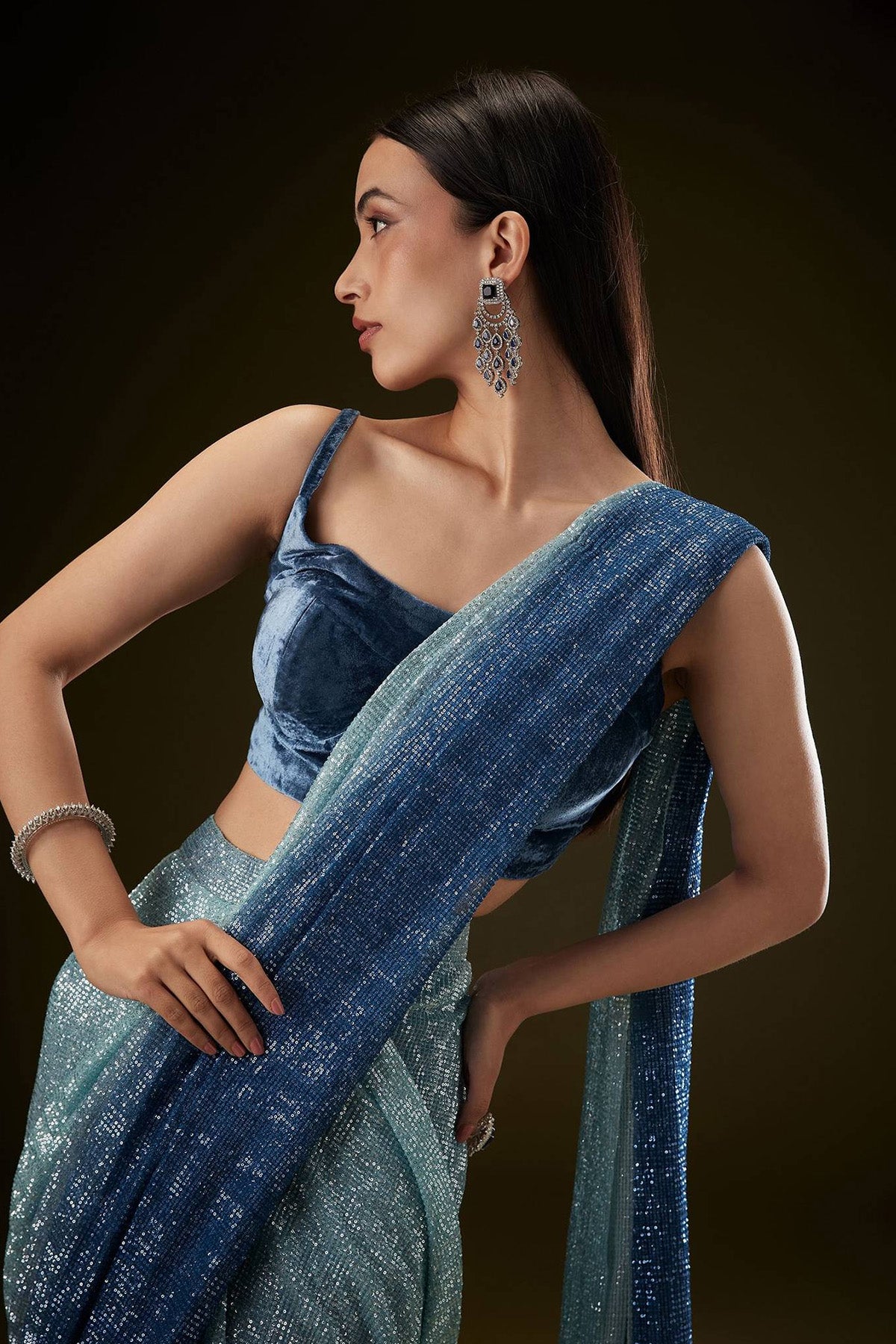 Teal Ombre Sequence Saree With Velvet Blouse - Ready to Ship