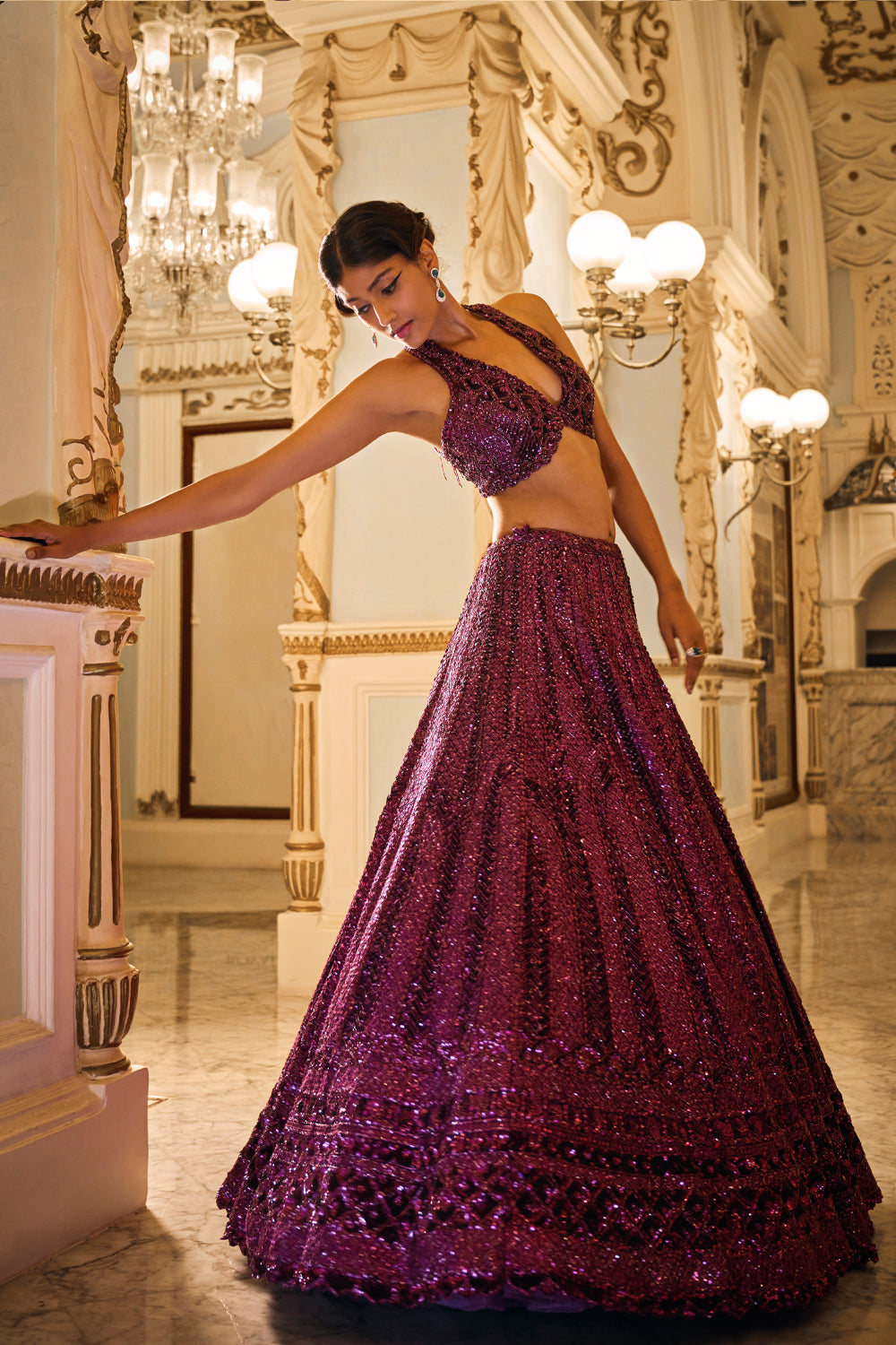 Pooja Hegde in Burgundy Sequin Lehenga Set