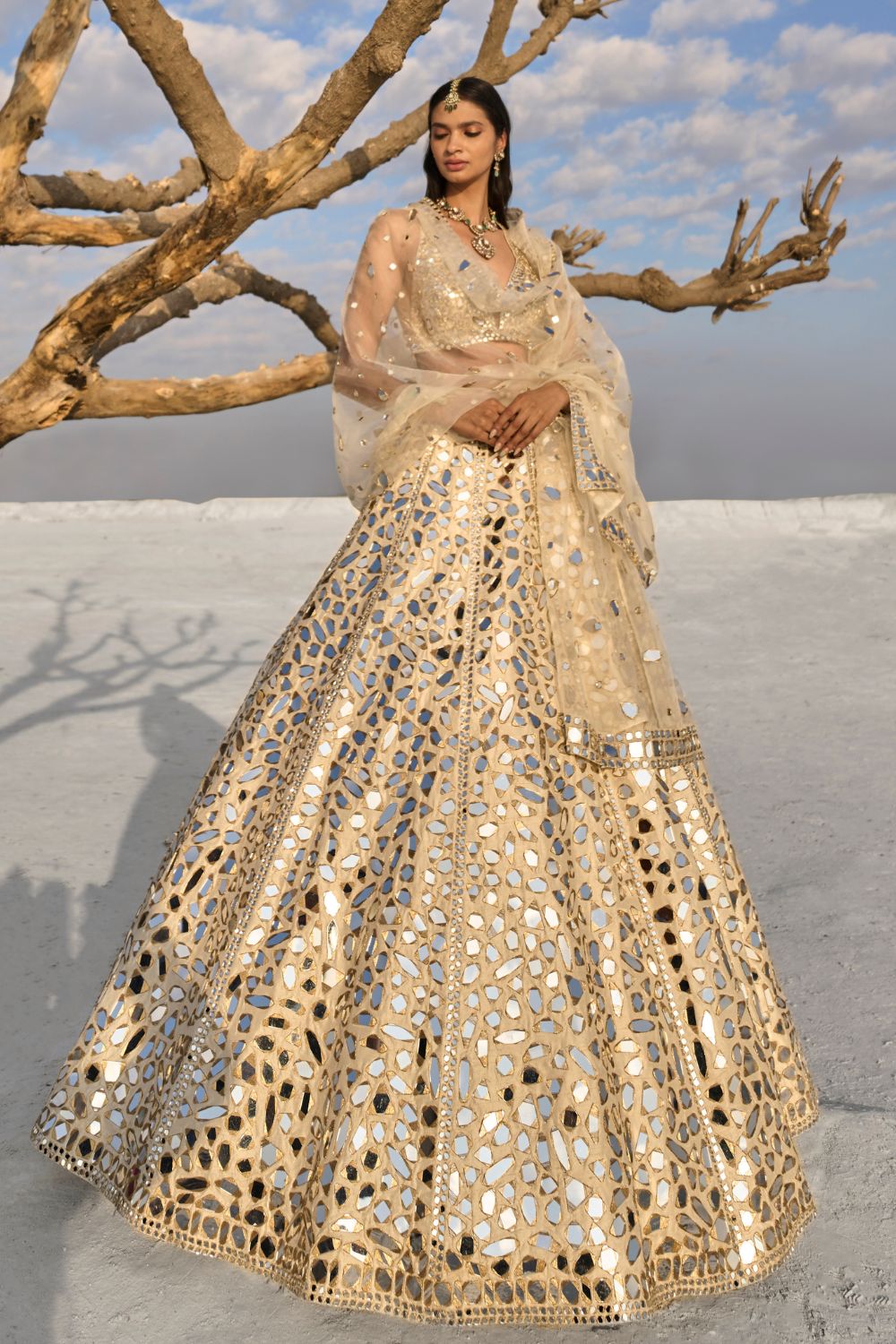 Cream Gold Mirror Work Lehenga Set