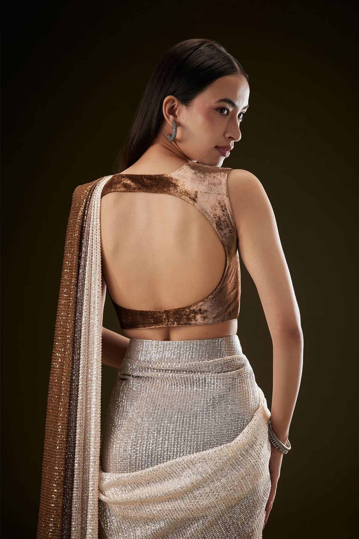 Brown Ombre Sequence Saree With Velvet Blouse - Ready to Ship