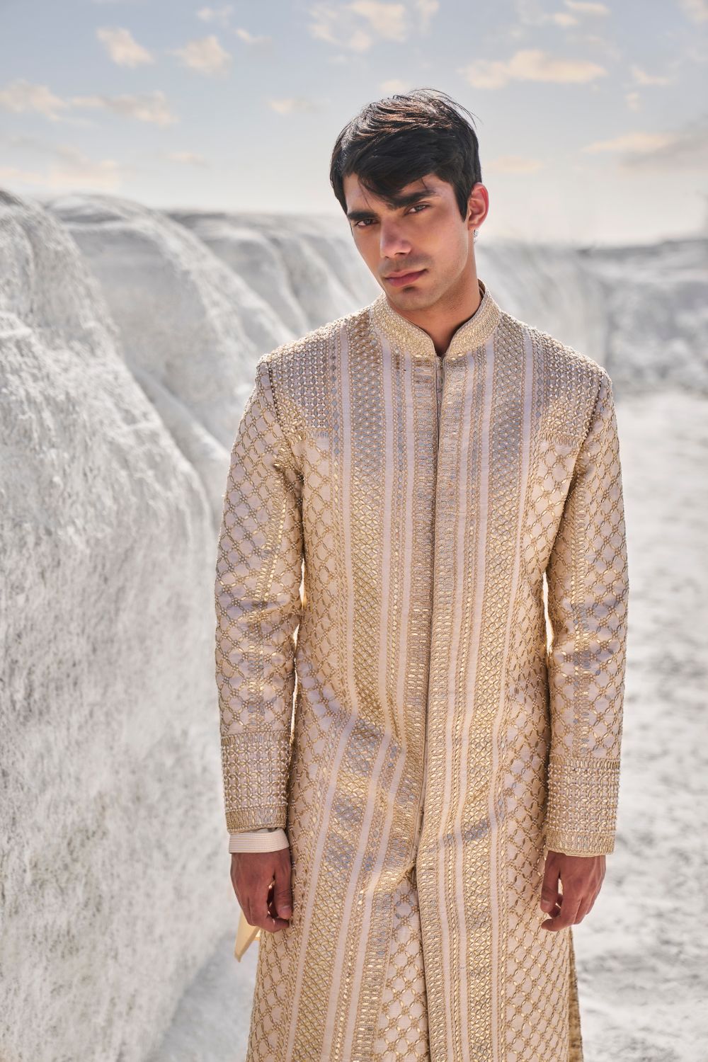 Two -Tone Beige Gota Patti Sherwani Set