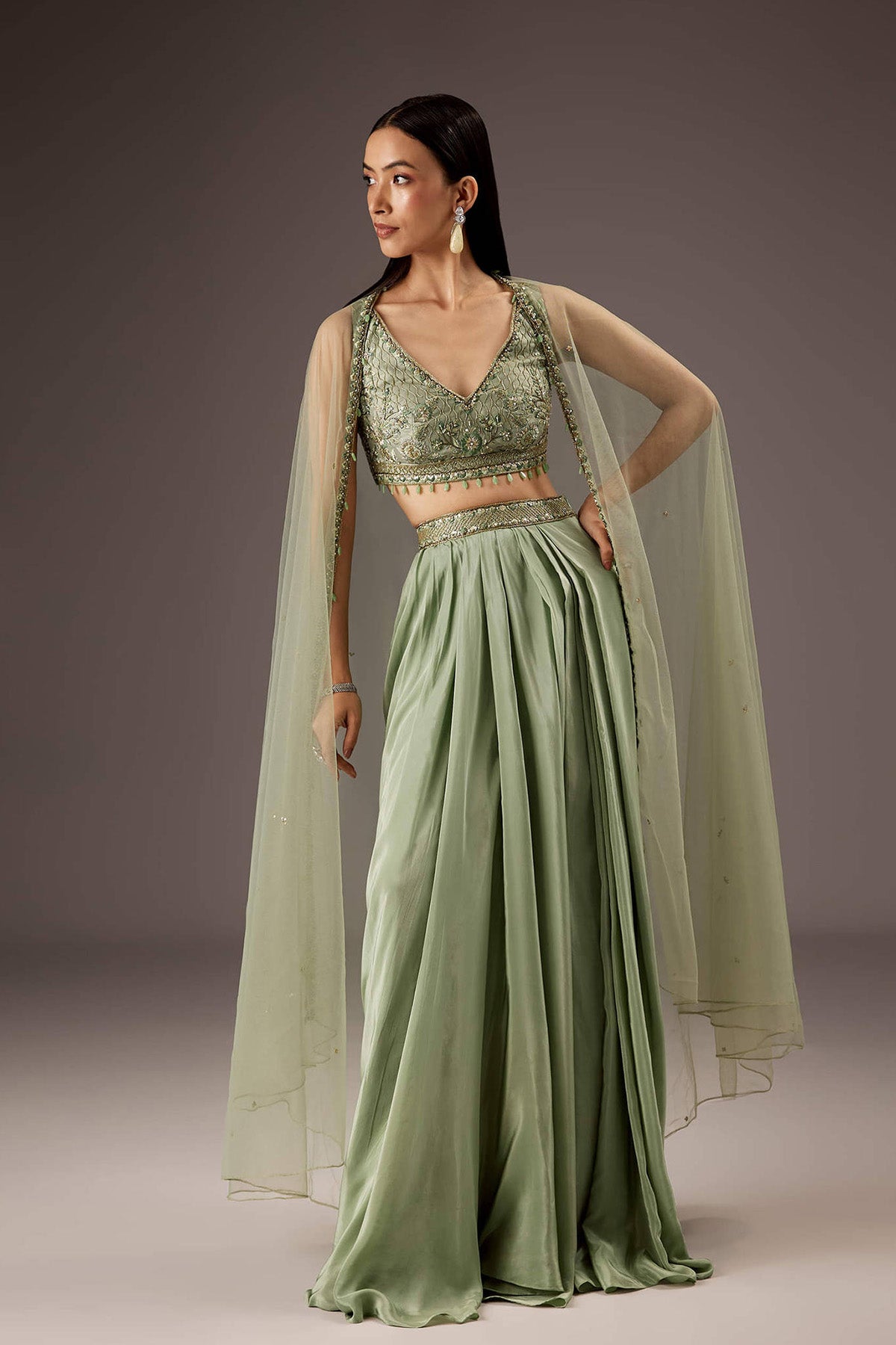 Mint Green Silk Crop Top Skirt With Monotone Embroidery - Ready to Ship