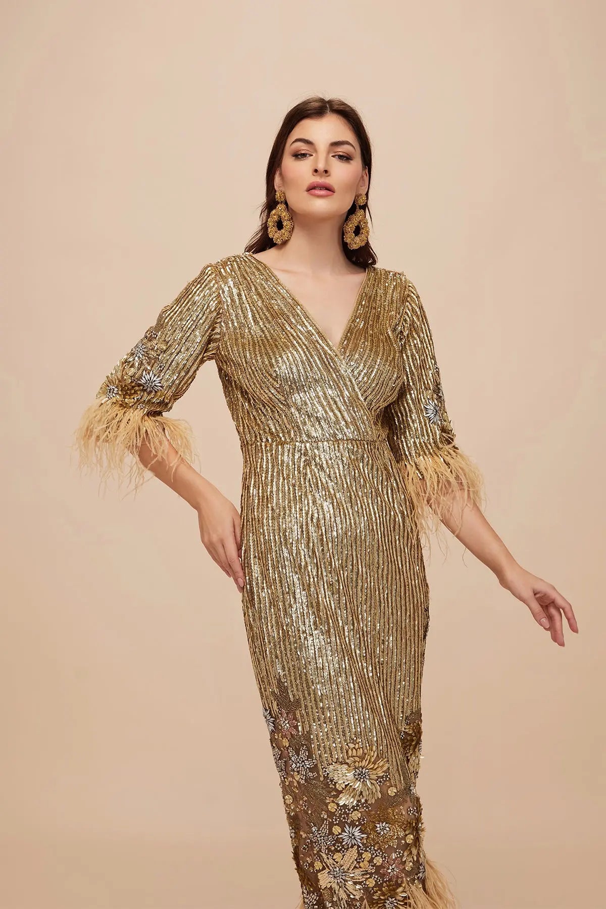 GOLD FLORAL FEATHER GOWN DRESSES