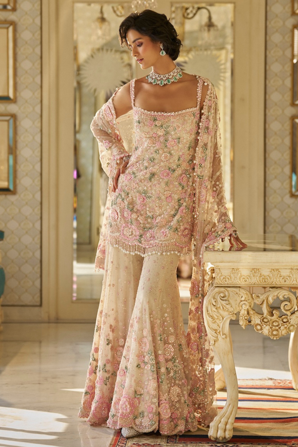 Nude Multi-Coloured Three-Dimensional Sharara Set