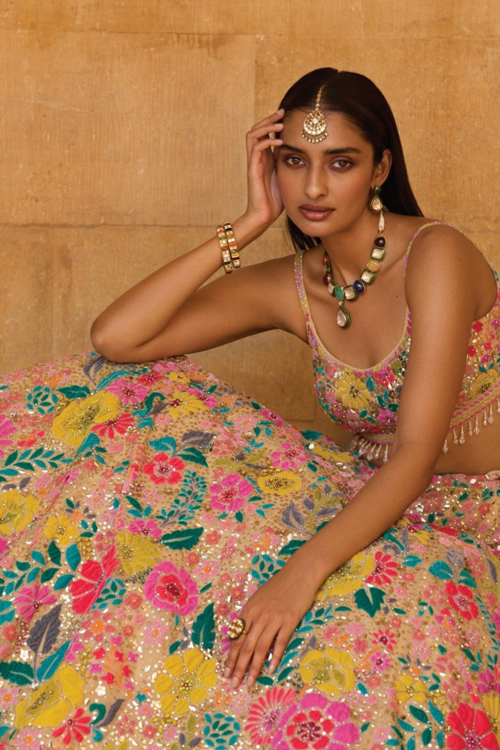 Multi - Coloured Floral Lehenga Set