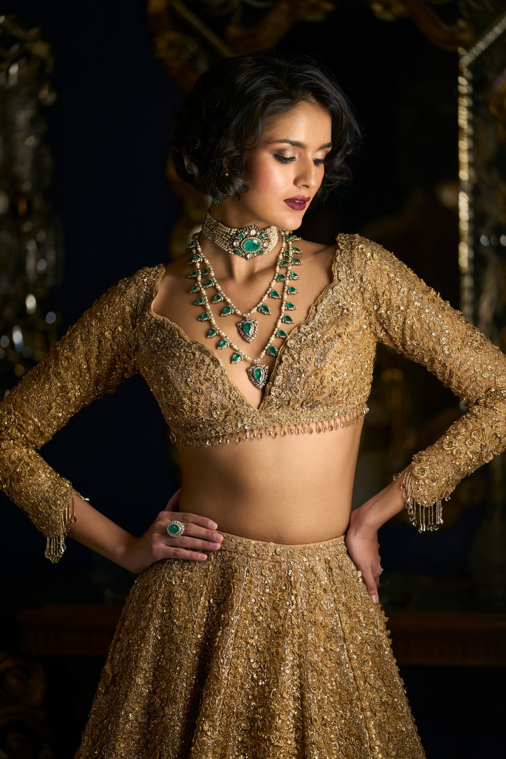 Gold Three-Dimensional Lehenga Set