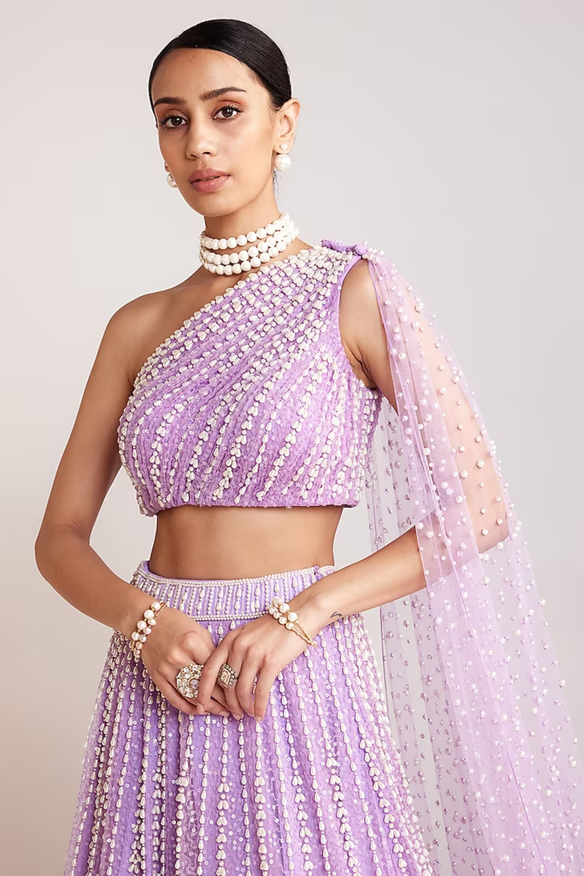 Lilac Net Pearl Embellished Lehenga Set - Vvani