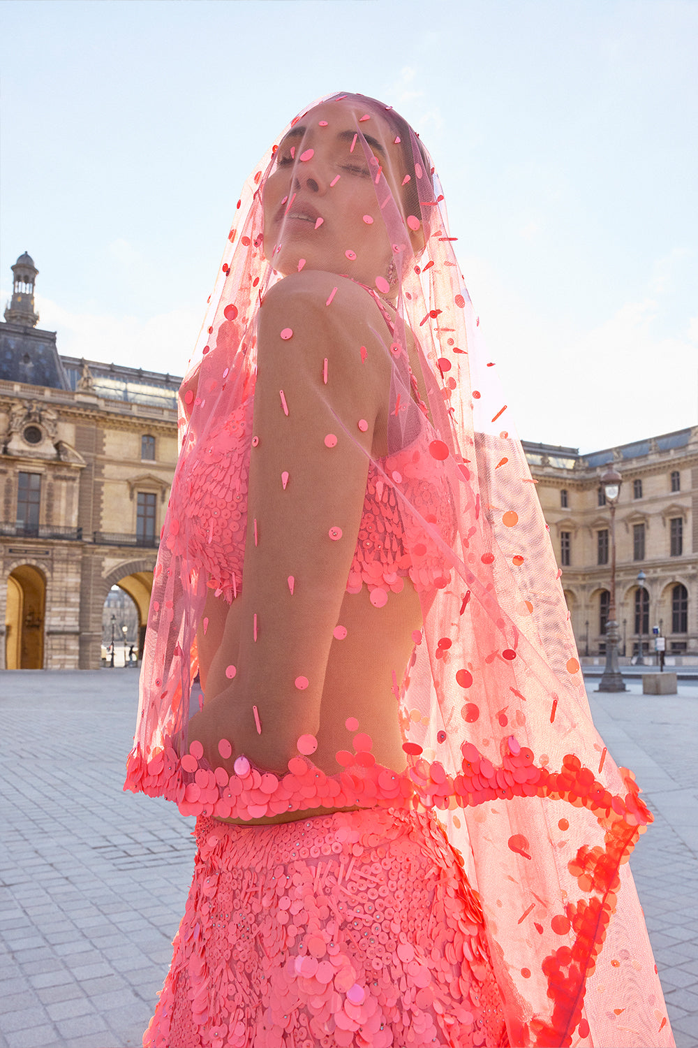 Neon Peach Sequin Lehenga Set