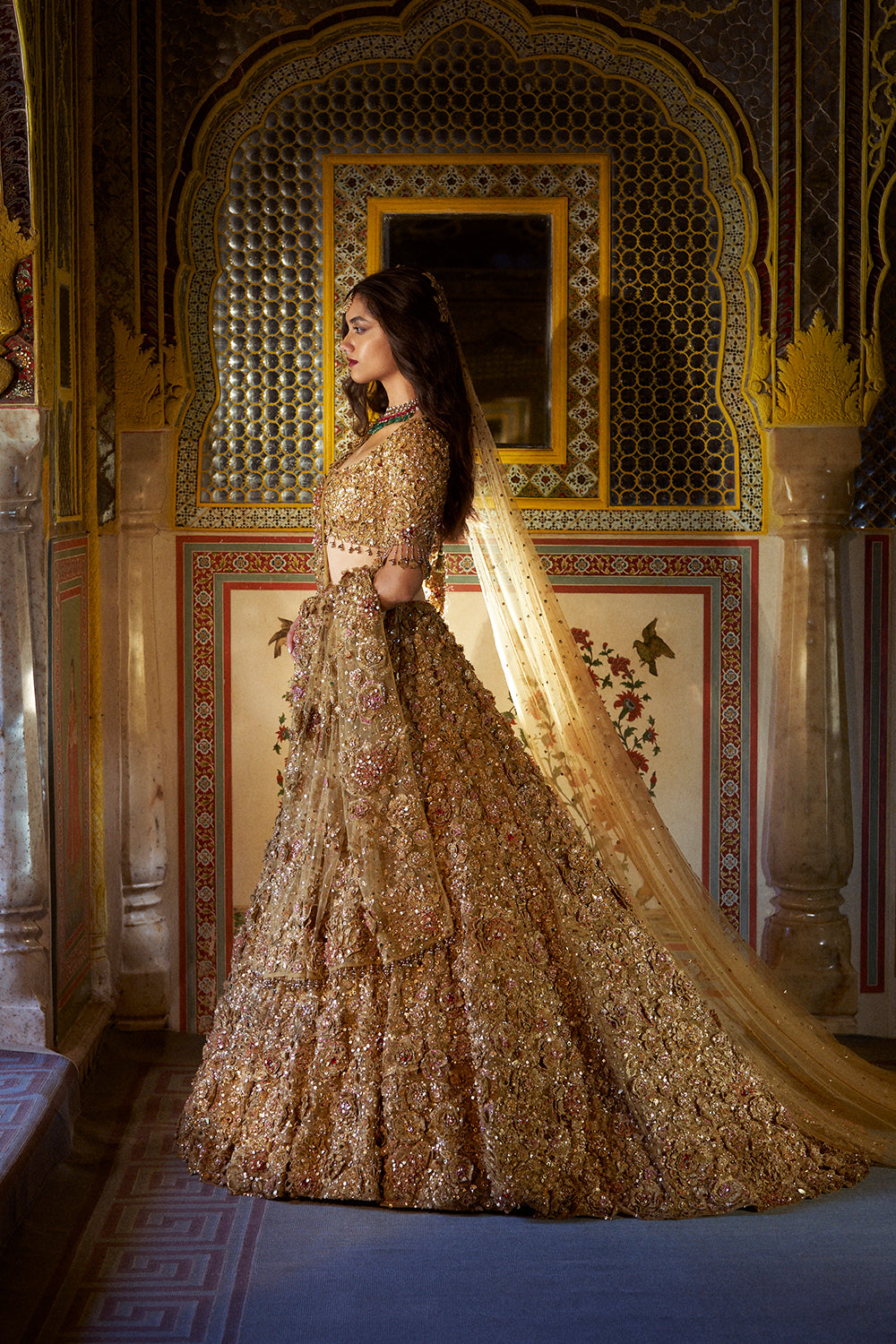 Gold Three-Dimensional Jewel Lehenga Set